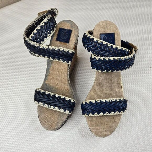 Tory Burch Lilah Wedge Espadrille Sandals Size 37.5 Us 7 Blue White - Picture 3 of 9